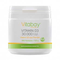 Vitabay Vitamina D3 30.000 UI - pulbere vegana din licheni - 365 de portii Beneficii Vitamina D3: ajuta la mentinerea sanatatii 
