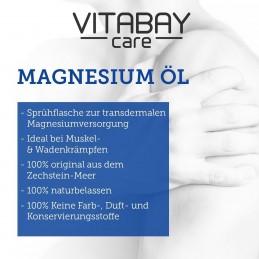 Vitabay Ulei de magneziu original Zechstein - Spray - 300 ml BENEFICII: Ulei de magneziu de origine naturală pentru aplicarea ma