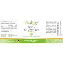 Biotina 10.000 mcg - 10 mg - 200 Tablete, Vitabay Biotina 10.000 beneficii: promoveaza sanatatea pielii, parului si a unghiilor,