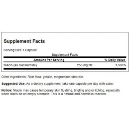 Swanson Niacinamide - Vitamina B3 250 mg - 250 Capsule Beneficii Niacinamide: metabolizarea normala a energiei, contribuie la re
