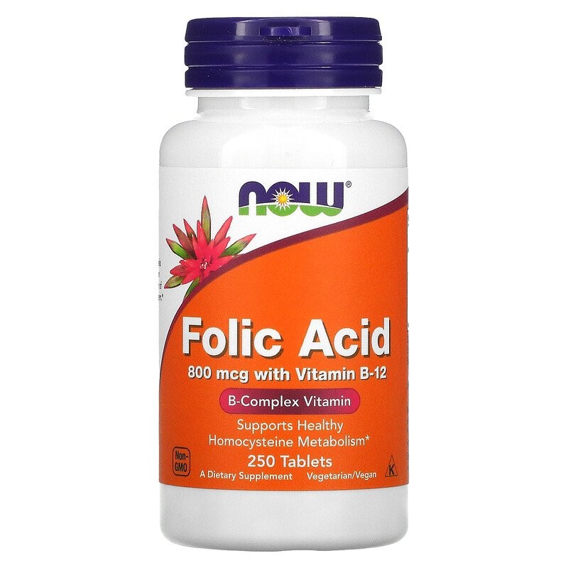 NOW Foods Folic Acid with Vitamin B12, 800mcg - 250 Tablete Beneficii acid folic &amp; vitamina B12: este esential pentru sanata