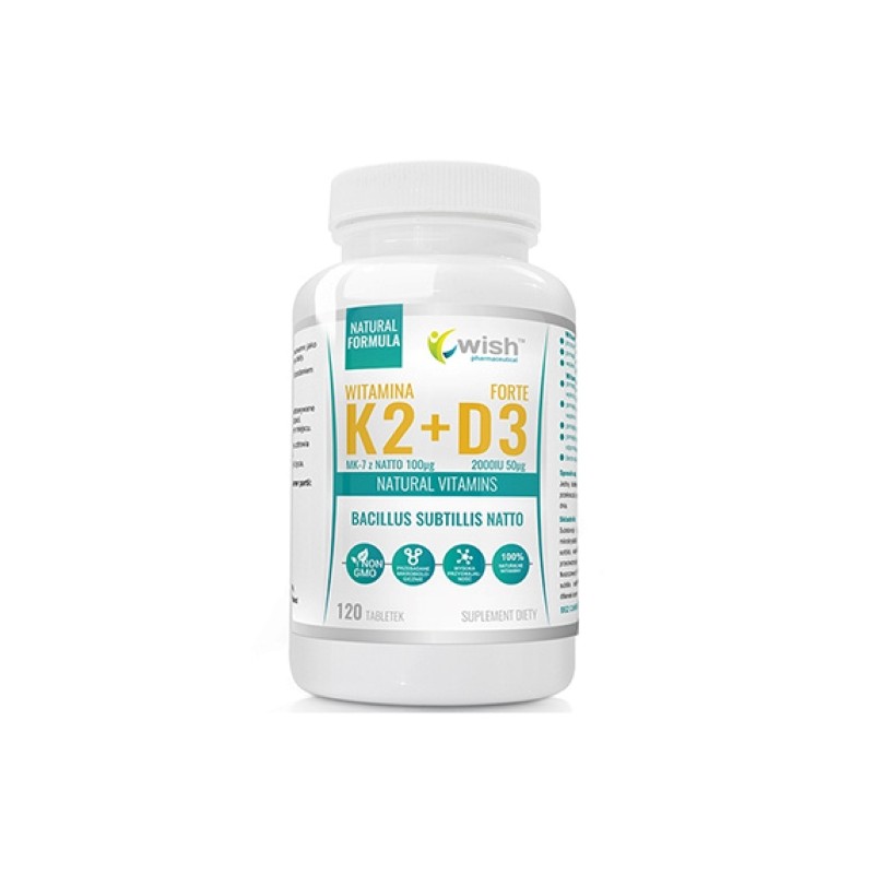 Wish Vitamin K2 MK-7 Natto 100mcg + D3 50mcg - 120 Capsule BENEFICII D3 + K2 MK7: mentine sanatatea oaselor, ajuta la reducerea 