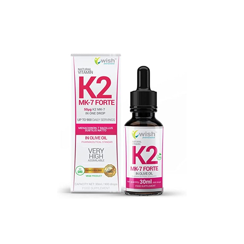 Wish Vitamina K2 MK7 - 30 ml BENEFICII VITAMINA K2 MK7: o sursa buna de Vitamina K, absorbtie excelenta a MK-7 din NATTO, o form