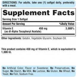 Puritan Pride Vitamina E 450 mg (1000 IU) - 100 Capsule BENEFICII VITAMINA E: antioxidant puternic, ajuta la formarea de globule