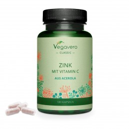 Vegavero Zinc + Vitamin C, 180 Capsule BENEFICII Zinc + Vitamin C: menținerea unui păr, a pielii și a unghiilor normale, funcțio